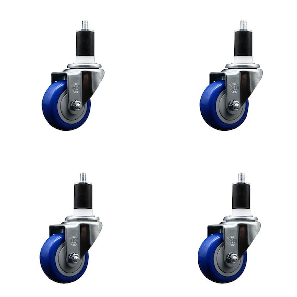 3'' Blue Poly Wheel Swivel 1-1/2'' Expanding Stem Caster Set, 4PK